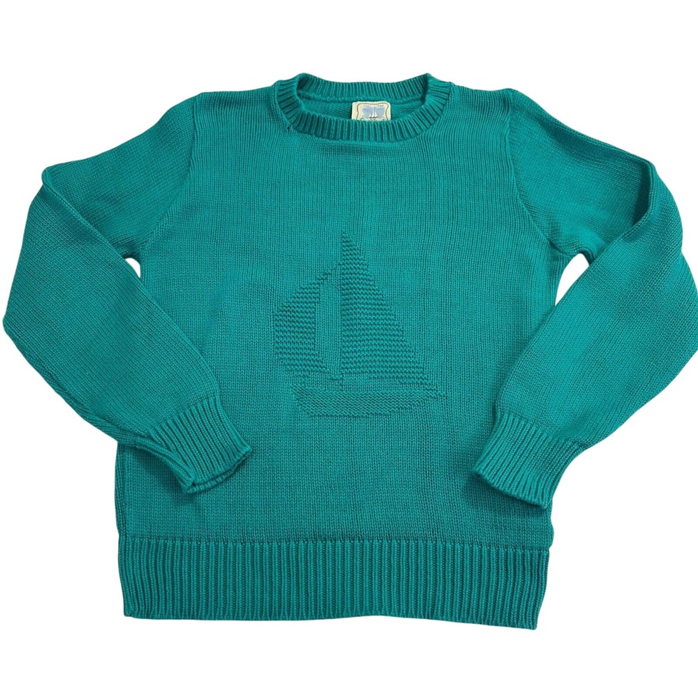 VTG EastWind by Alps Teal Knit Sweater W/ Sailboat Design Crew‎ Nautical Style M
